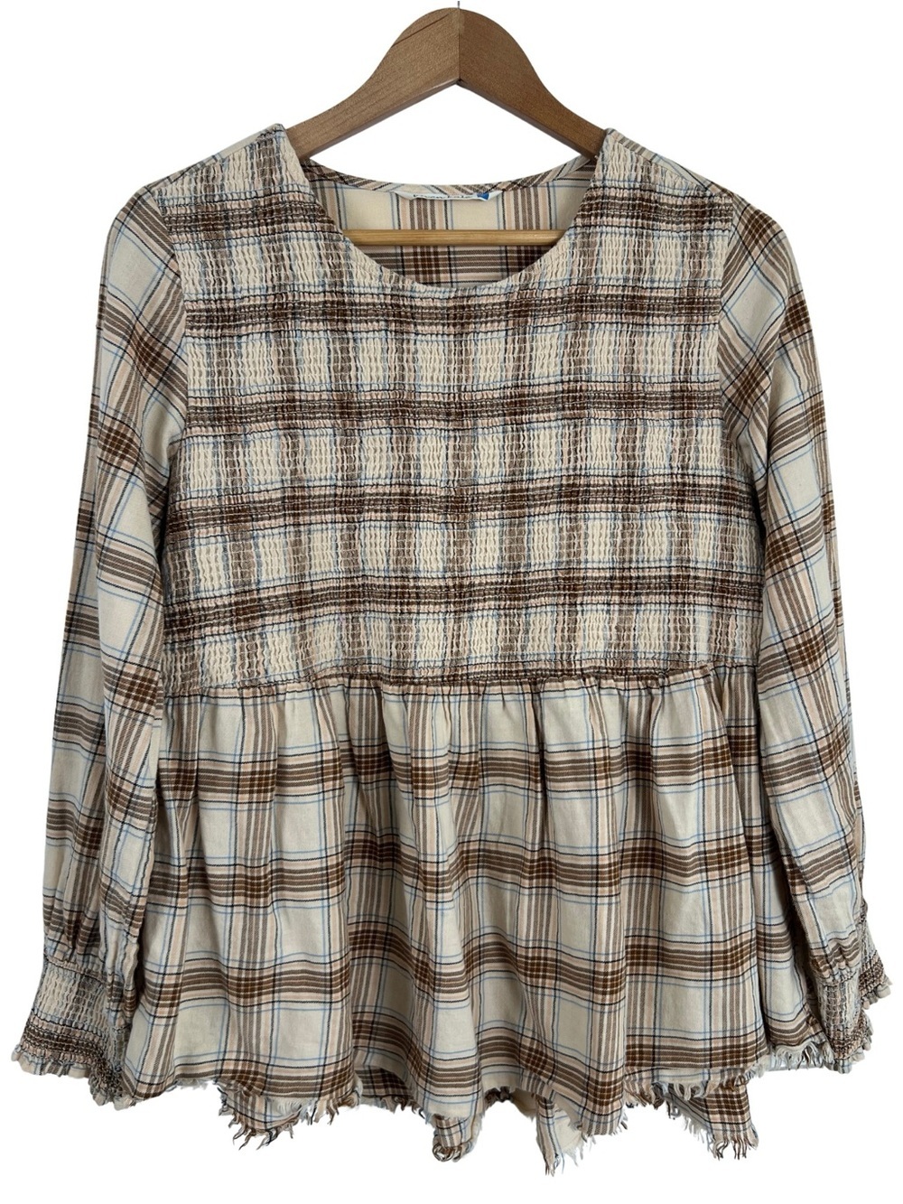 Given Kale Plaid Smocked Peplum Top Women’s L 100% Cotton Boho